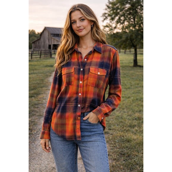 Mossimo Supply Co. Tops - Mossimo Supply Co Orange Navy Plaid Flannel Shirt S 90s Grunge
